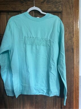 NURSE Embroidered Crewneck Sweater in Aqua